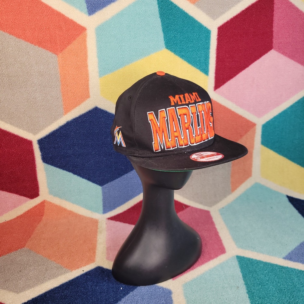 New Era 9FIFTY Miami Marlins Snapback Hat Black Orange MLB Baseball Cap One Size